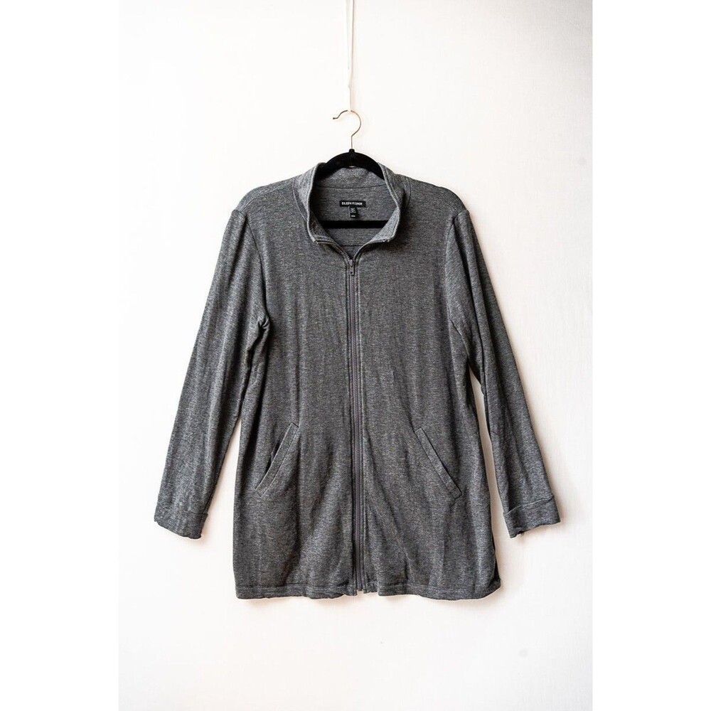 Eileen Fisher Cardigan M gray full zip jersey knit light jacket pockets Spring